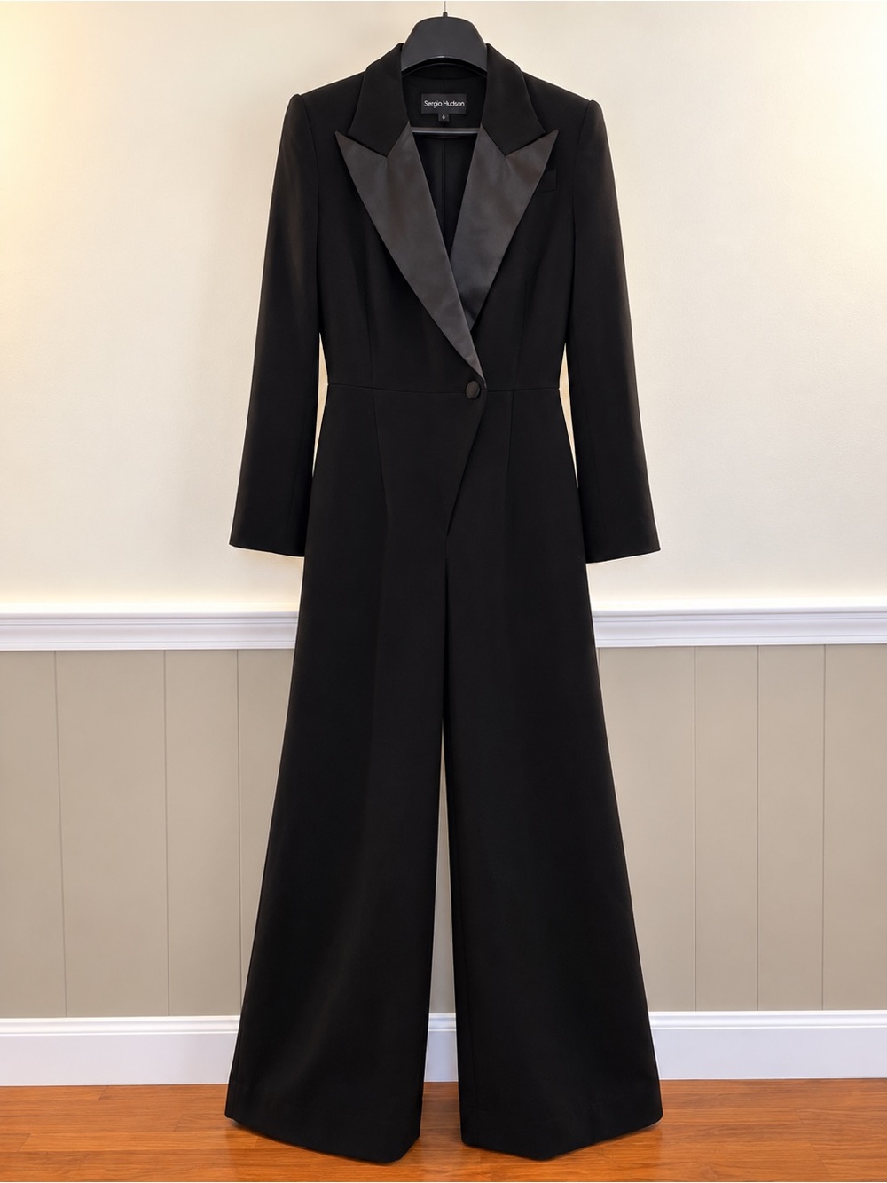 Sergio Hudson Black Satin-Lapel Longline Jumpsuit